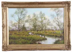 Angler in River Landscape by James Wright, Oil on canvas, sold Jul 2022