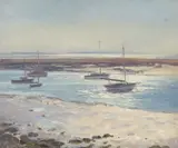 A trio of Norfolk coastal scenes some with sailboats at low tide by Wilfred Pettit British, oil on panel, sold Jul 2022