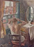 A female figure seated by a dresser and window by Leslie Davenport, 1935, oil on canvas, sold Jul 2022