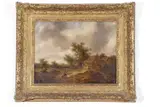 Wooded landscape with cottage and figures by James Stark, oil on board, offered Jul 2022