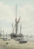 Venture' at Pin Mill on the Suffolk coast by Aidan Kirkpatrick, watercolour, sold Jul 2022