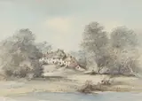 Old Cottages at Bawburgh by Arthur E. Davies, ink and watercolour, sold Jul 2022