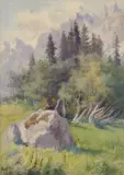 Alpine Scene by Violet Esther Drury Clutterbuck, watercolour, sold Jul 2022