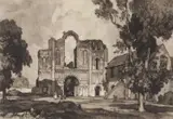 Castle Acre Priory, Norfolk monochrome mezzotint print by Leonard Russell Squirrell, print, sold Jul 2022