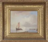 Moored barge inshore with sailboat beyond by William Calladine, oil on board, sold Jul 2022