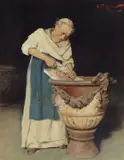 A monk cleaning cloth by Arnaldo Tamburini, oil on canvas, sold Jul 2022