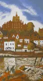 An unidentified townscape from the riverbank, Lino cut in colours, unframed 23x12ins Qty: 1 by Clifford Webb, oil, sold Jul 2022
