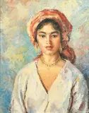 Spanish, a head and shoulders portrait of a Spanish beauty by Francisco Sans Huguet, oil on board, sold Jan 2024