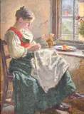German, a young female in traditional dress sat sewing by a window by Carl Kricheldorf, oil on panel, sold Jan 2024