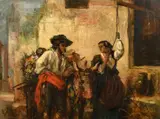 British, A Spanish scene with a woman using a pulley to get water from a well and a man leaning on his donkey by Thomas Kent Pelham, oil on canvas, sold Jan 2024