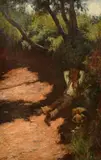 British, A young boy lying against a bank on a pathway beneath trees in the shade with his dogs by John White, oil on canvas, sold Jan 2024