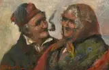 Italian, a fisherman and his wife in traditional clothing by Giuseppe Canella, oil on canvas, sold Jan 2024