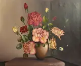 A still life of roses in a vase by George Leslie Reekie, 1955, oil on canvas, sold Jan 2024
