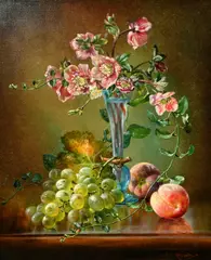 A still life of flowers in a bulbous glass vase with grapes and by Cecil Kennedy, oil on canvas, sold Jan 2024