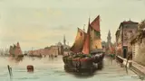 Austrian, boats moored on a Venetian quay by Karl Kauffmann, oil on canvas, sold Jan 2024