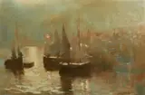 Shipping moored at a quay with glowing harbour lights by John Baragwanath King, oil on canvas, sold Jan 2024