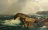 Gulls gathering in a rocky outcrop with a coastal view beyond by James H. C. Millar, oil on canvas, sold Jan 2024