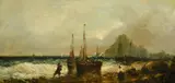 Figures and sailboats on a shore with St by E. J. Watt, oil on canvas, sold Jan 2024