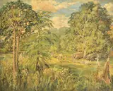 Families meeting for a picnic with some figures preparing to by Charles Octavius Wright, 1938, oil on canvas, sold Jan 2024