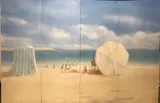 A scene of figures on a beach on a summer's day by Lincoln Seligman, acrylic on board, sold Jan 2024