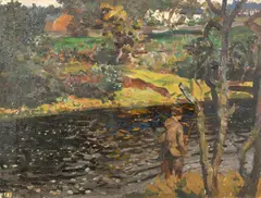 A gentleman salmon fisher on the banks of a churning river by Vereker Monteith Hamilton, oil on canvas, offered Jan 2024