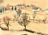 Soth Africa, an English village in winter by Maud Sumner, ink and watercolour, offered Jan 2024