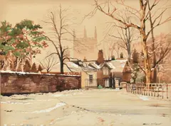A winter scene outside cottages and a church by Bert Wright, watercolour and gouache, sold Jan 2024