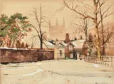 A winter scene outside cottages and a church by Bert Wright, watercolour and gouache, sold Jan 2024