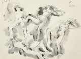 Study of a female nude in four positions by Peter Collins, ink and watercolour, sold Jan 2024