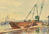 Unloading cargo from barges on the Thames by Edward Shankster, watercolour, sold Jan 2024