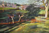 Surrey Artist, pollarded trees in a landscape by Julia Gascoigne Palmer, pastel, offered Jan 2024