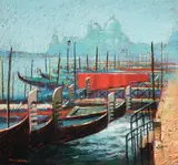 Venice' gondolas moored with the Santa Maria della Salute in the distance by Tony Rome, pastel, sold Jan 2024