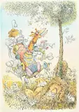 A giraffe as a one-man band being chased by bees with sleeping lions by Nick Lyons, ink and watercolour, sold Jan 2024