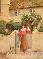 A young female figure holding a white bird outside a country cottage by Joseph Harold Swanwick, watercolor, sold Jan 2024
