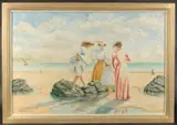 Female figures and a child near a rock pool on a sandy beach, ships out to sea and other figures near the water's edge by Michael Wood, Wood, sold Dec 2023