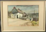 Canada, Figures on a country lane near a thatched cottage by Gyrth Russell, watercolour, sold Dec 2023
