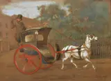 A pony and trap in a city street by W. Wheelwright, 1877, watercolour, sold Dec 2023