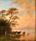 Female figures with livestock by a lake at dusk by Heinrich Heinlein, oil on panel, sold Nov 2023