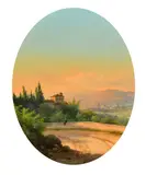 Italian, a pair of Italian views, a female figure viewing Florence, a fisherman with a distant view of Rome by Guido Agostini, oil on board, offered Nov 2023