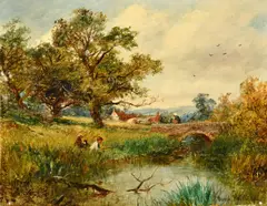 British, a fisherman and his companions amongst reeds with a figure crossing a stone bridge beyond by David Bates, 1882, oil on canvas, sold Nov 2023