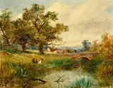 British, a fisherman and his companions amongst reeds with a figure crossing a stone bridge beyond by David Bates, 1882, oil on canvas, sold Nov 2023