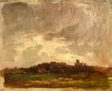 A view of a town seen from open fields under breaking skies by Wycliffe Egginton, oil on canvas, sold Nov 2023