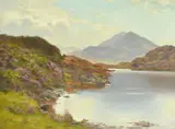 British, a view of a mountain lake lined with heather by Alfred Oliver, oil on canvas, sold Nov 2023