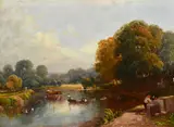 Boats and figures on a river with cattle watering beyond by Frederick William Watts, oil on board, sold Nov 2023