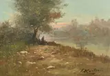 Italian, figure in a lakeside path at dusk by Ferrucio Rontini, oil on canvas, sold Nov 2023