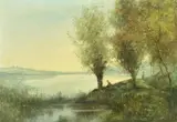 Italian, two figures under trees by a lake by Ferrucio Rontini, oil on canvas, sold Nov 2023