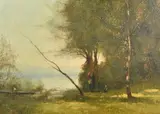 Italian, figure in a boat with others resting under trees by Ferrucio Rontini, oil on canvas, sold Nov 2023