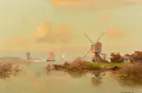 Dutch, fisherman on a boat with a windmill and sailing barges beyond by Jan Knikker, oil on canvas, sold Nov 2023