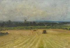 Figures loading a haycart in a sweeping landscape by Arthur George Bell, oil on panel, sold Nov 2023