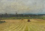 Figures loading a haycart in a sweeping landscape by Arthur George Bell, oil on panel, sold Nov 2023